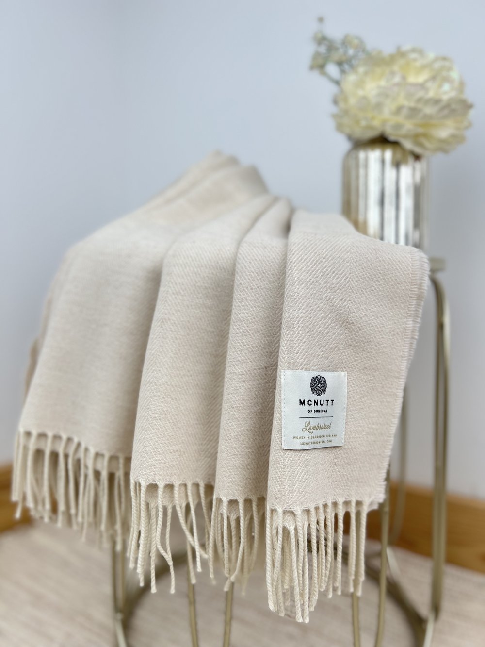 100% Merino Lambswool Herringbone throw, Linen. Extra Large