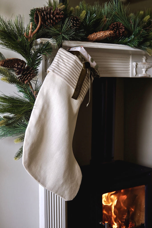 Linen stocking, Cream & Cream/Khaki Ticking. Medium