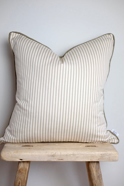 100% Irish Linen & Cotton Ticking Cushion, Khaki