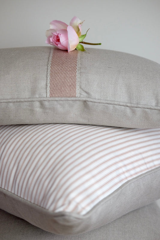 100% Irish Linen & Cotton Ticking Cushion, Natural