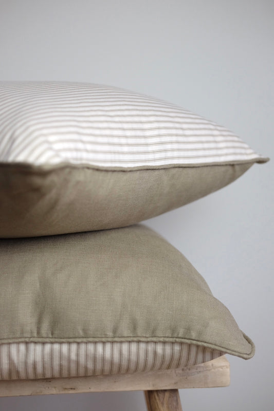 100% Irish Linen & Cotton Ticking Cushion, Khaki