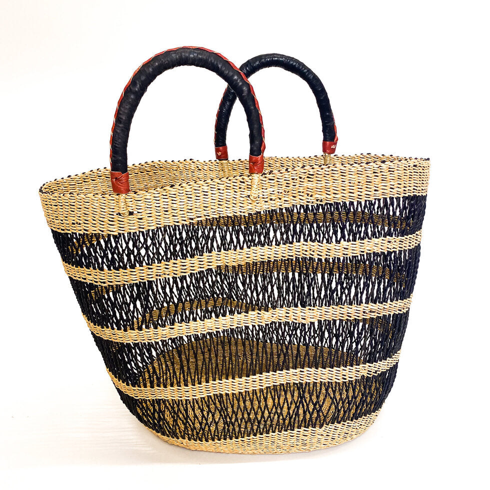Open Weave Beach Basket, Black & Natural / Large