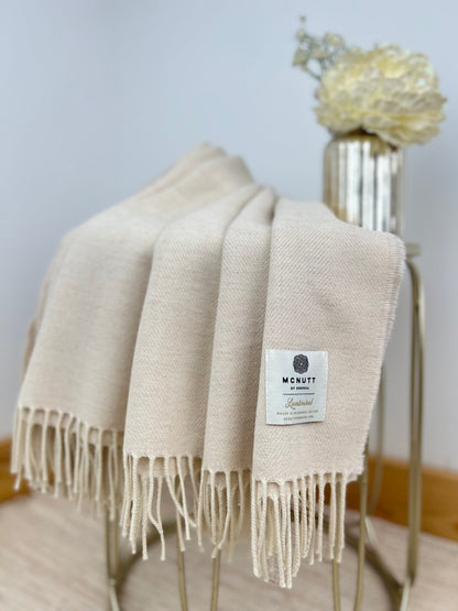 100% Merino Lambswool Herringbone throw, Linen. Extra Large